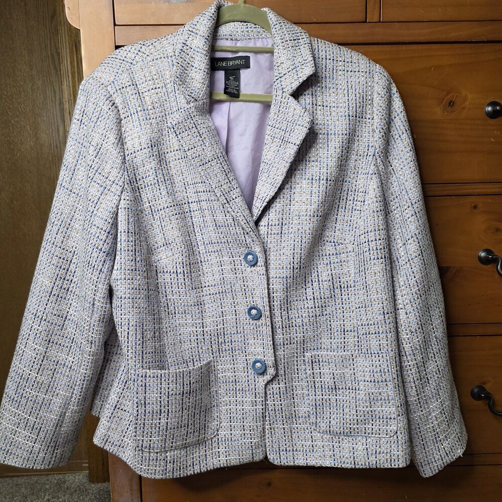Lane Bryant Tweed Blazer Size 20 Pastel Pink Blue Buttons Pockets Office